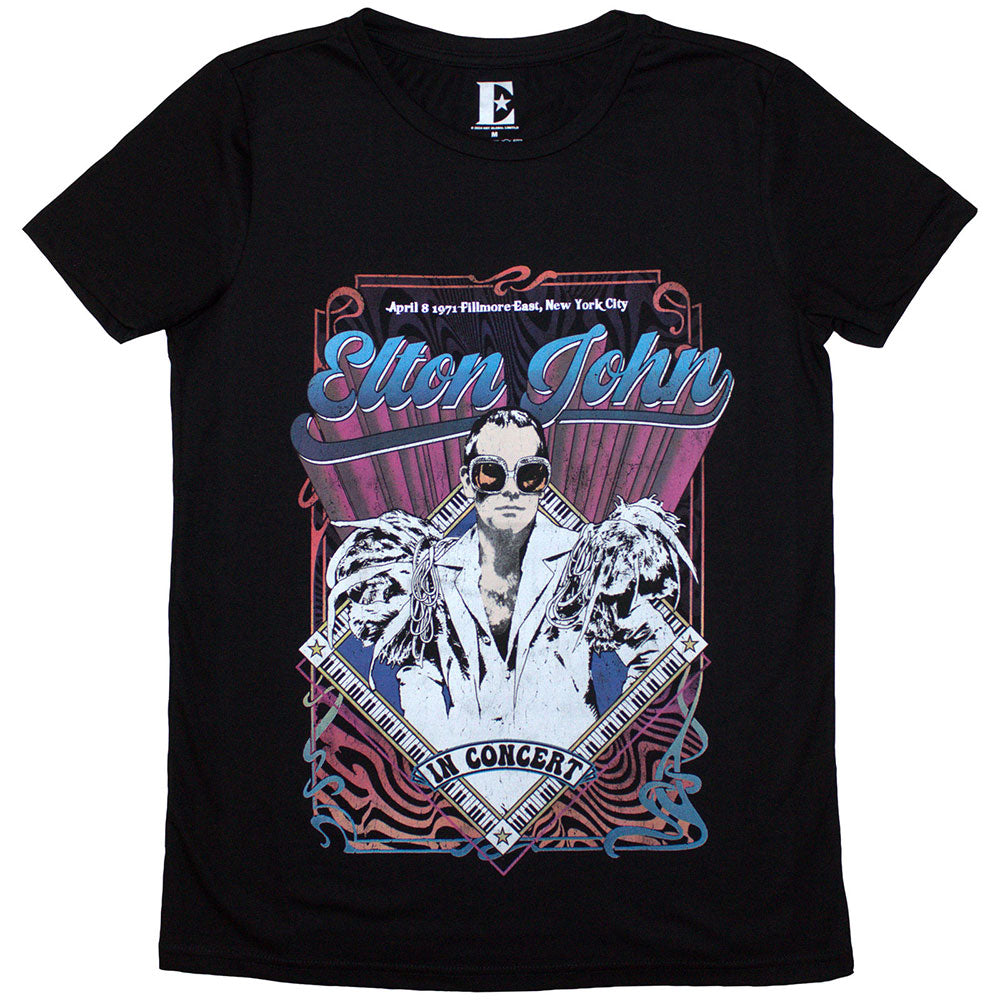 A vintage-style black ladies t-shirt featuring a graphic print of Elton John.