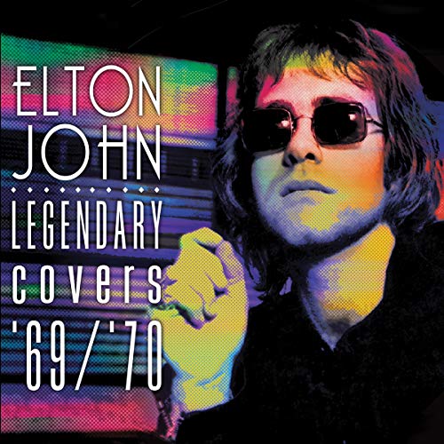 Elton John portrait on album cover with colorful halftone background.