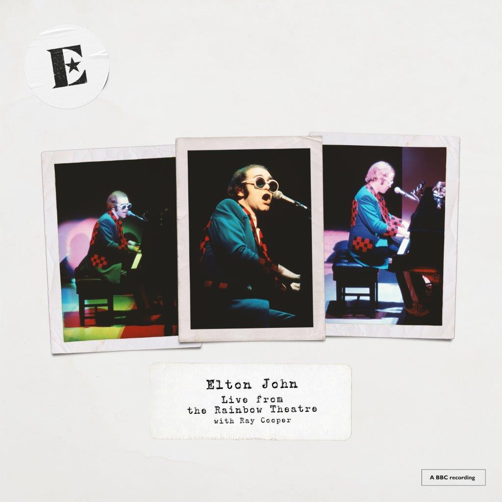 Three photos of Elton John performing at a piano on a white background.