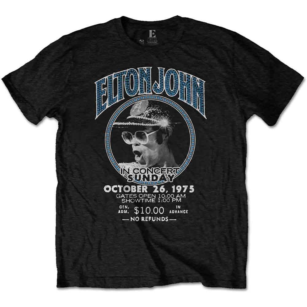 Black t-shirt with a vintage Elton John concert poster graphic.
