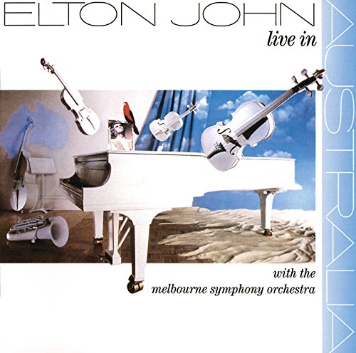 CD cover: Elton John with Melbourne Symphony Orchestra, piano and instruments.
