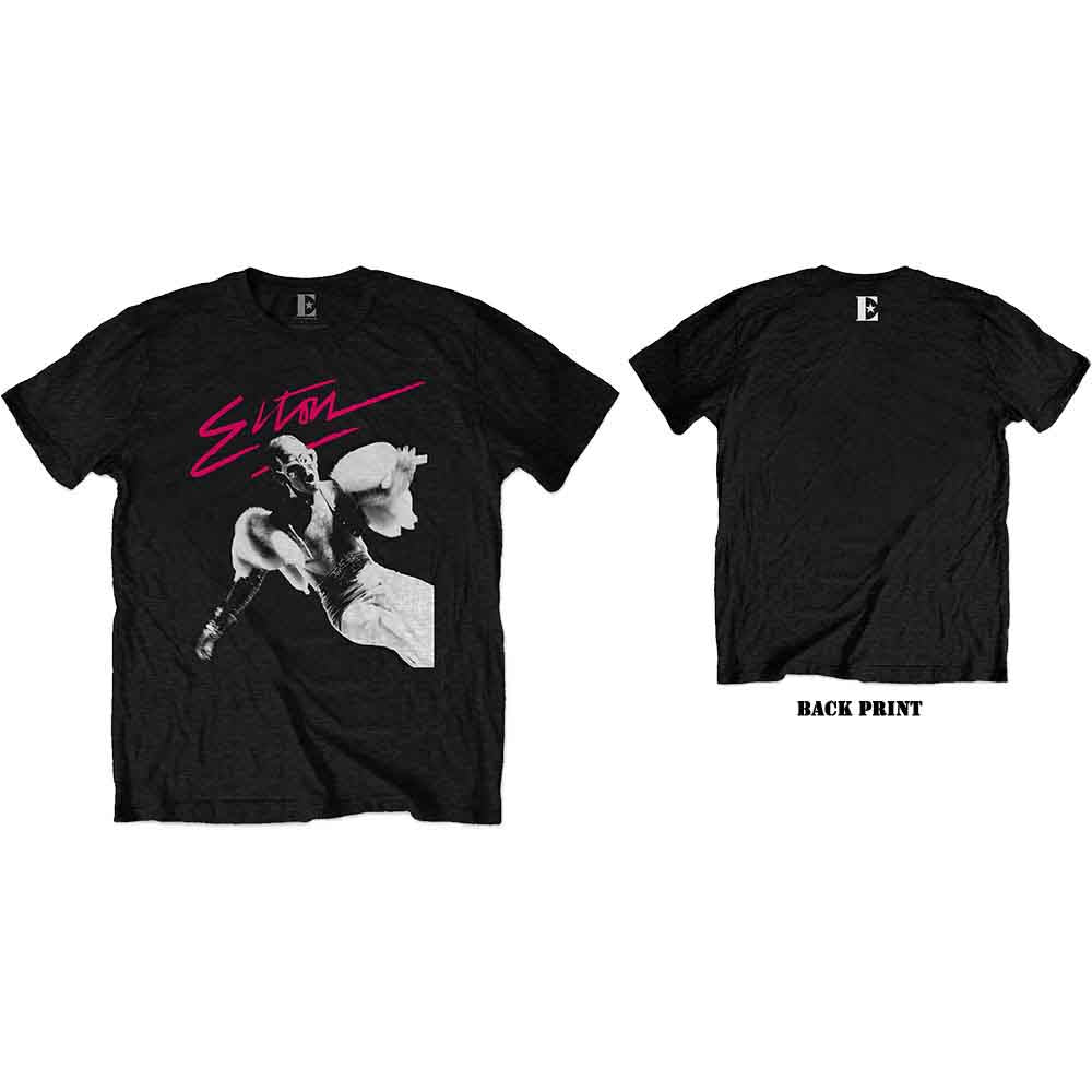 Black t-shirt with Elton John graphic on front and back.
