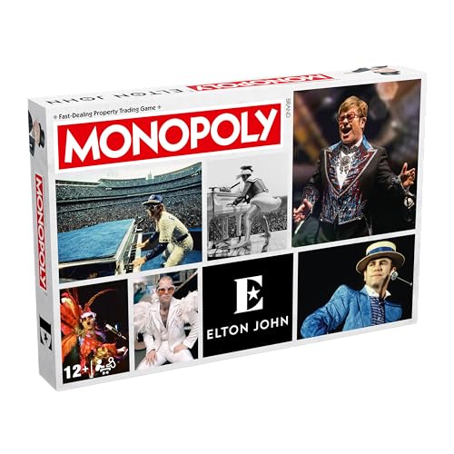 Elton John Monopoly game box with images of the musician performing.