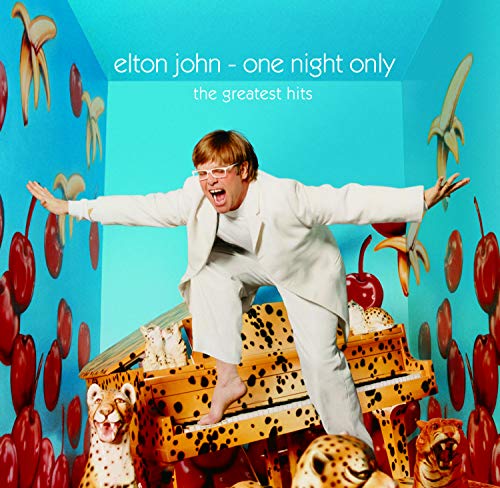 Elton John album cover with a leopard print piano and fruit.