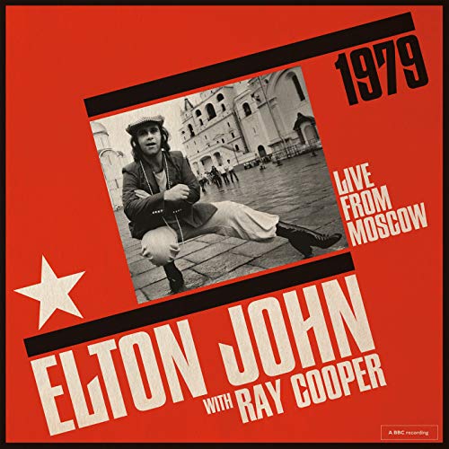 Elton John album cover, red background, photo of John in Moscow, 1979.