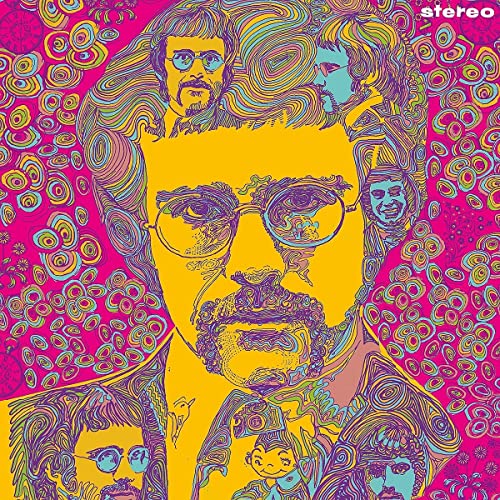 Psychedelic album art featuring a yellow portrait of Elton John with swirling colorful patterns.