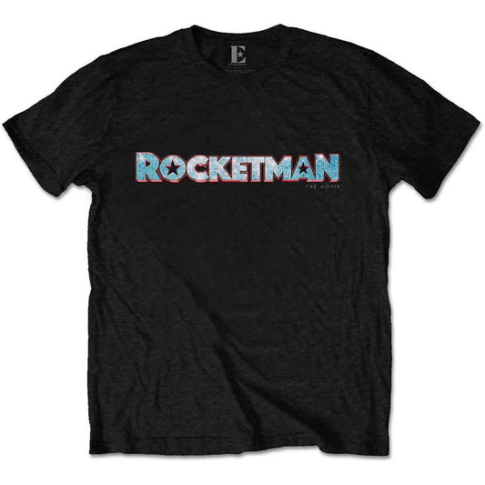 A man wearing a black t-shirt with the blue Rocketman movie logo on it.