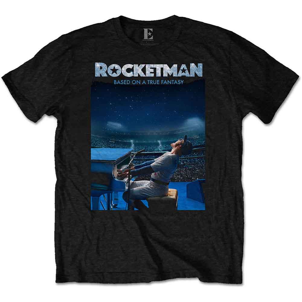 Black t-shirt with “Rocketman” movie logo and piano player graphic.