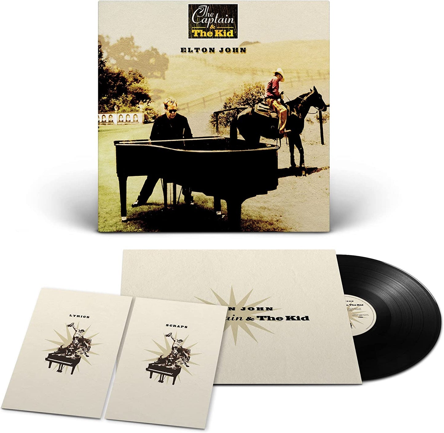 "Elton John album cover featuring a man at a piano and a person on horseback."
