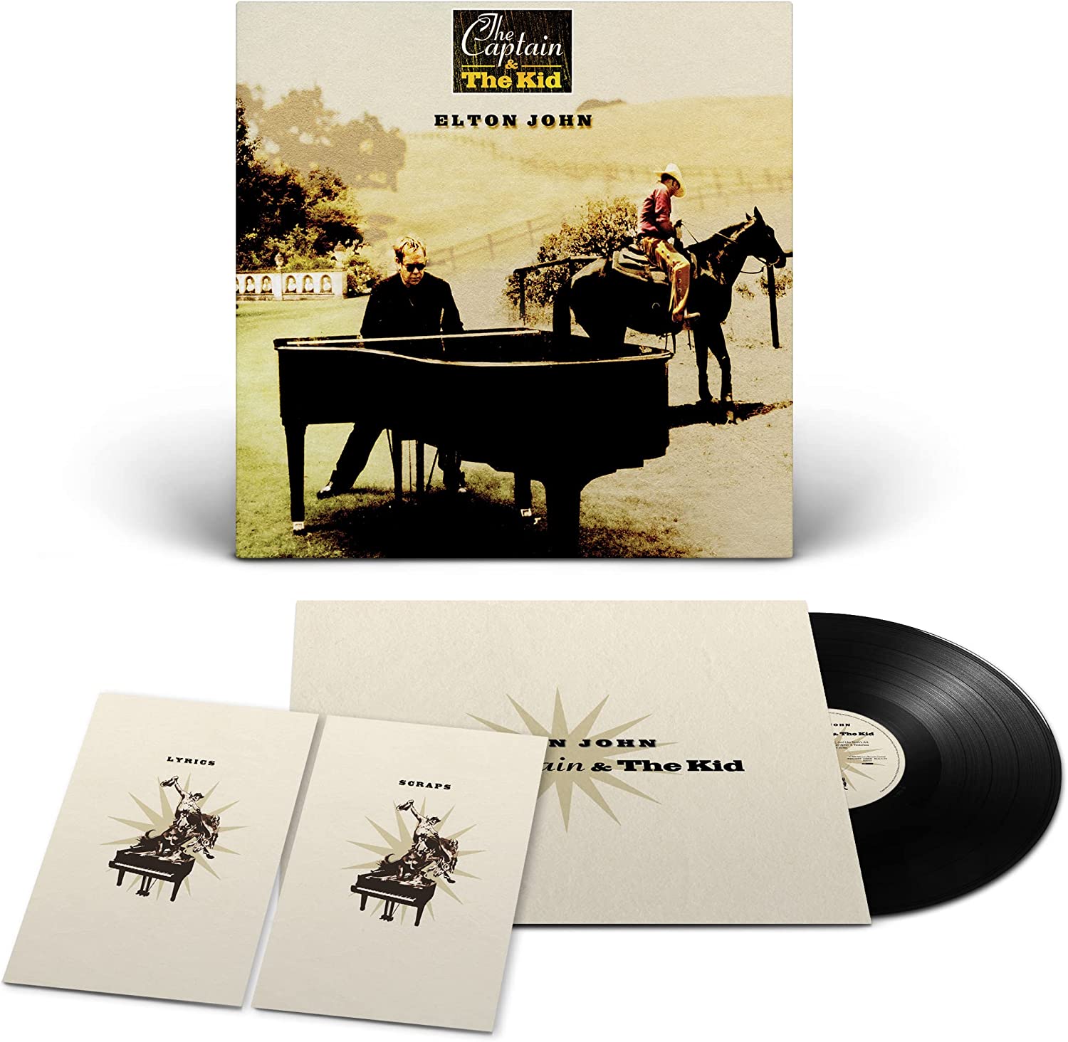 "Elton John album cover featuring a man at a piano and a person on horseback."