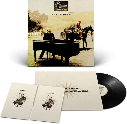 "Elton John album cover featuring a man at a piano and a person on horseback."