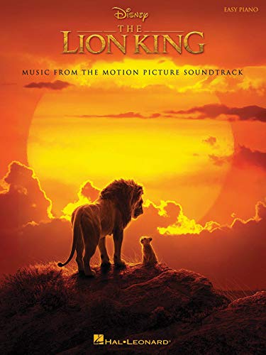 The Lion King" piano sheet music cover with Simba and Mufasa silhouetted.