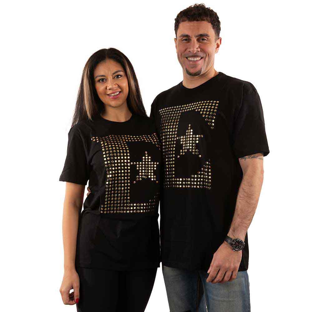 Two people modeling a black t-shirt with a studded “E” logo.