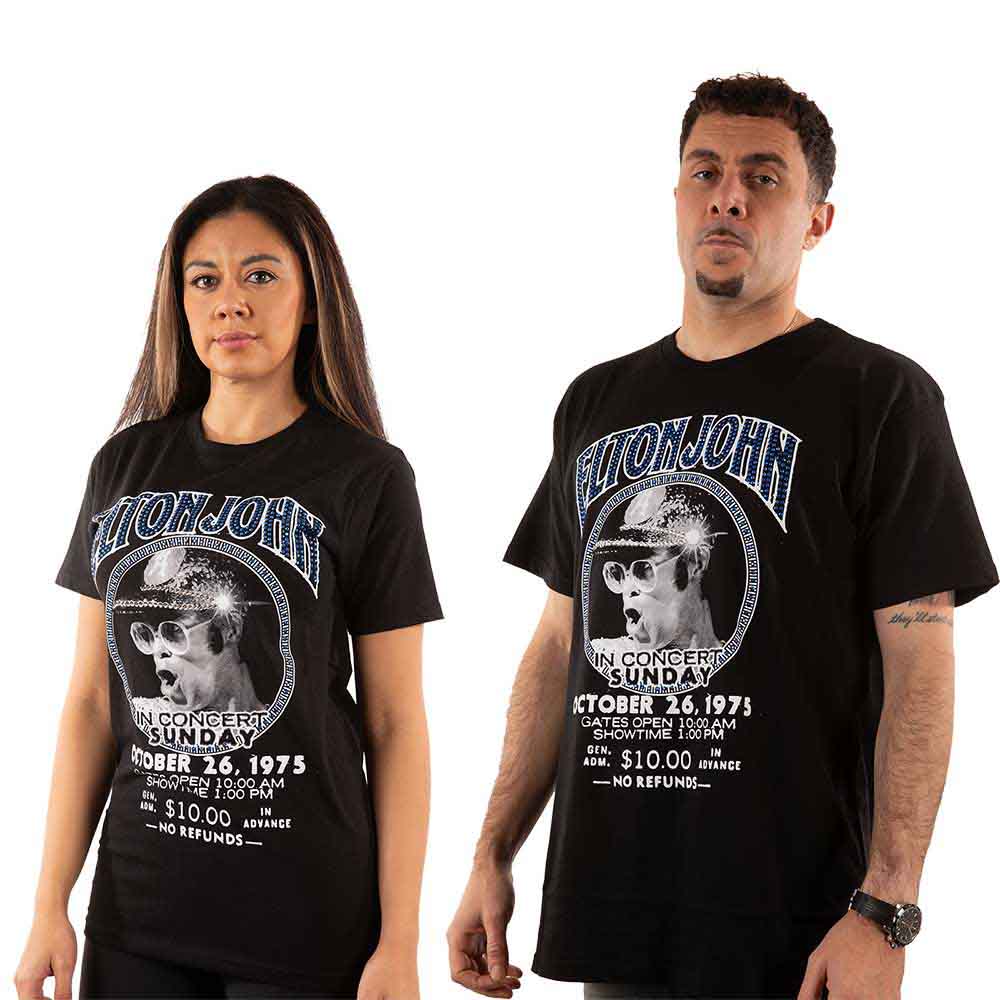 Black t-shirt with Elton John concert graphic and sparkling diamante embellishments.