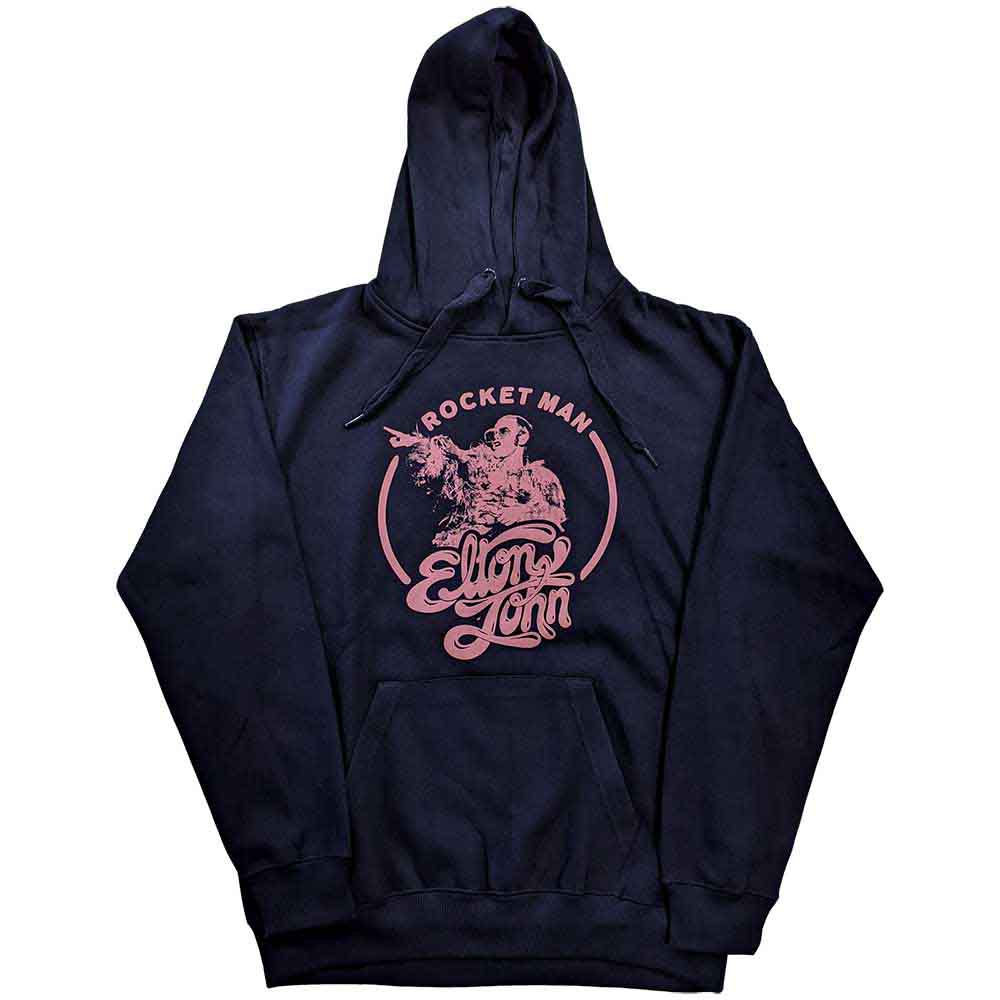 Black unisex pullover hoodie featuring a circular Rocketman graphic on the chest.