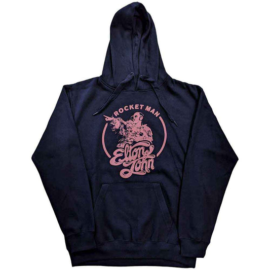 Black unisex pullover hoodie featuring a circular Rocketman graphic on the chest.