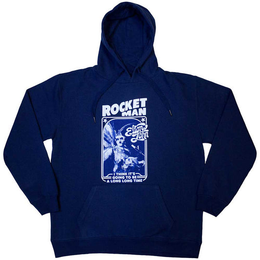 Black hoodie featuring a monochrome image of Elton John in his iconic feather suit.