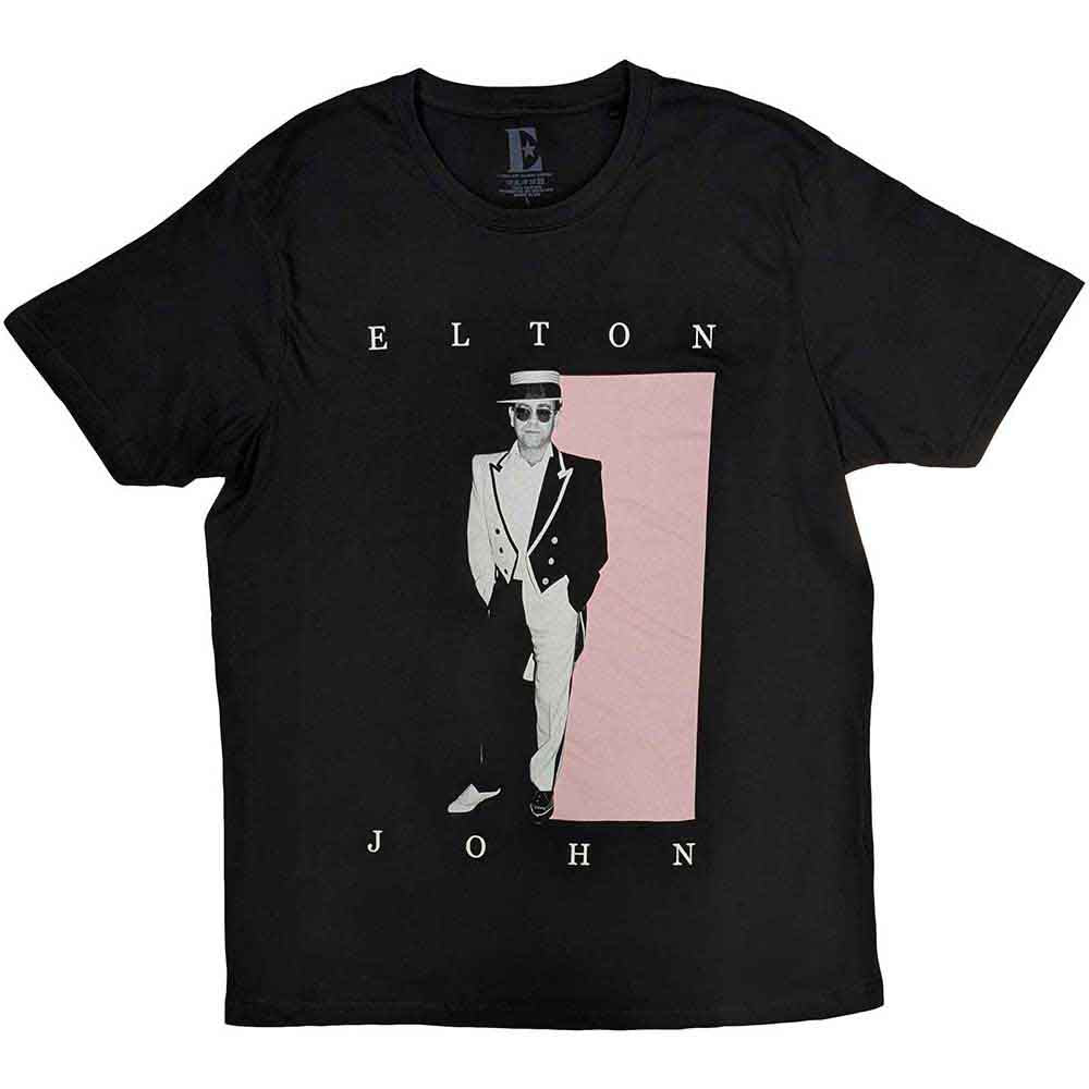 Black t-shirt featuring a photo of Elton John in a tuxedo, size X-Large.