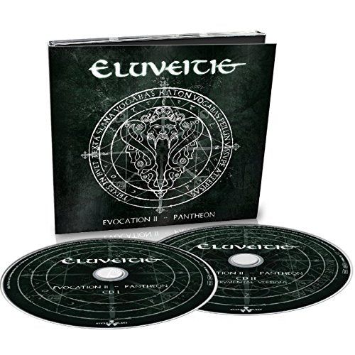 The image depicts a CD case and two discs with a dark green and white design. Key elements of the image are: * A CD case with the title "Eluveitie" and "Evocation II - Pantheon" * Two CDs with the same title and design as the case * The background is white A concise alt text for this image could be: "CD case and two discs with dark green and white Celtic-inspired design."