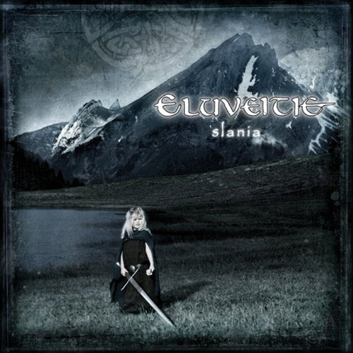 Eluveitie “Slania” album cover: mountain landscape with figure and text.