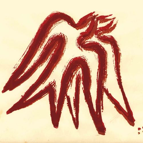 Red, brushstroke bird-like shape on a textured, off-white background.