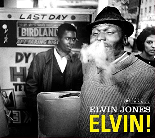 Black and white photo of jazz drummer Elvin Jones with smoke and text.