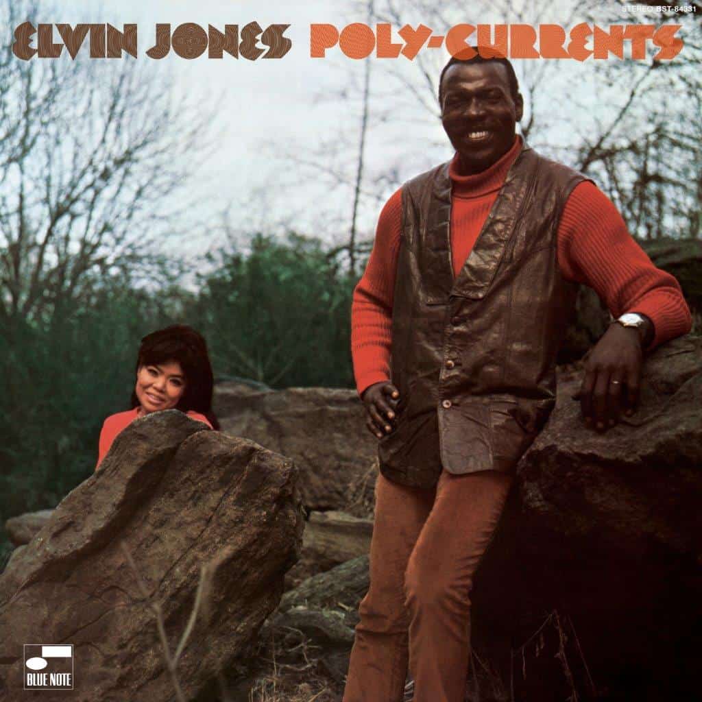 Album cover for Elvin Jones’ “Poly-Currents” featuring two people by rocks.