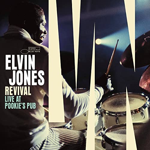Elvin Jones album cover, drummer in profile, blue and white design.