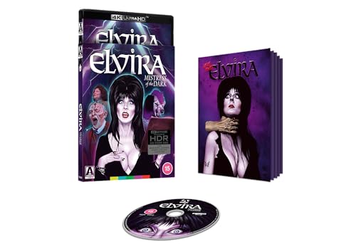 Elvira: Mistress of the Dark" Blu-ray case, disc, and artwork featuring Elvira.