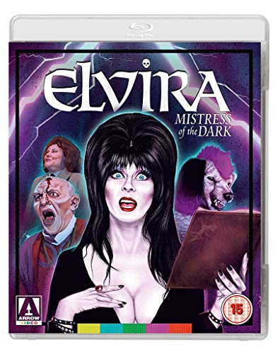 Blu-ray cover art featuring Elvira surrounded by horror characters against a purple lightning background.