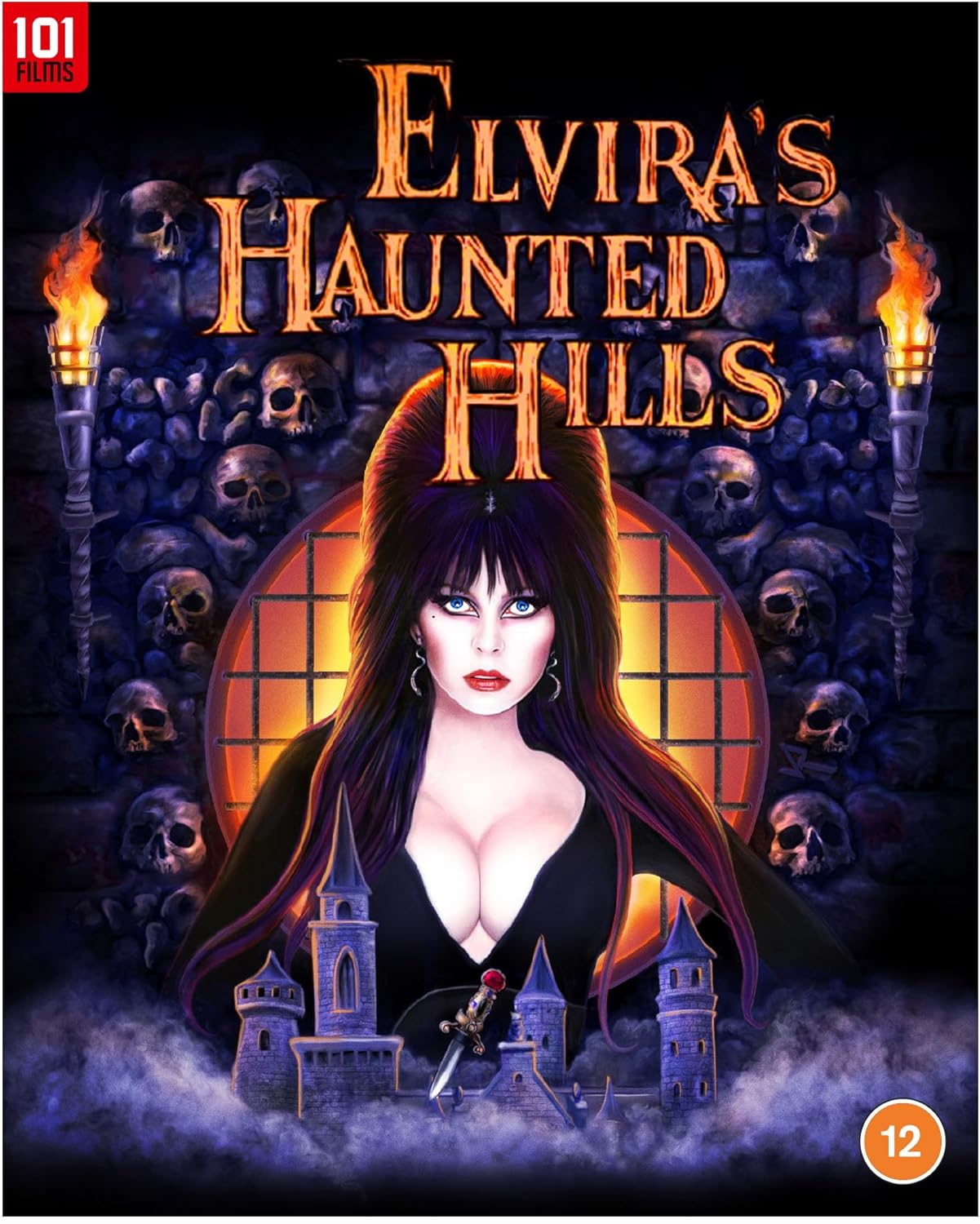Elvira stands before a skull-covered wall with a castle and torches in the background.