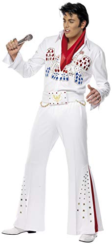 Man in white Elvis jumpsuit with red and blue embellishments.