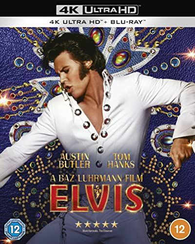 Elvis" Blu-ray cover featuring Austin Butler as Elvis Presley in a white jumpsuit.
