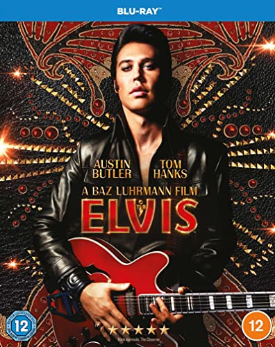 Austin Butler as Elvis Presley holding a red electric guitar on a Blu-ray cover.