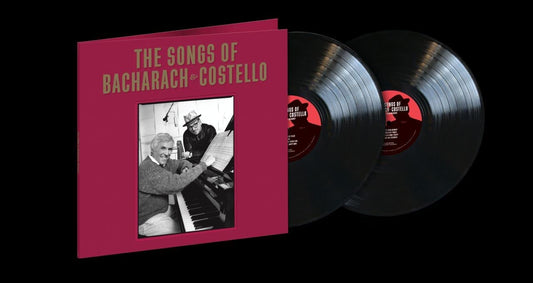 "Red vinyl album cover with black and white photo, two black vinyl records."