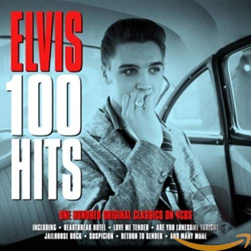 Elvis Presley sitting in a car on the cover of a 100 Hits CD.