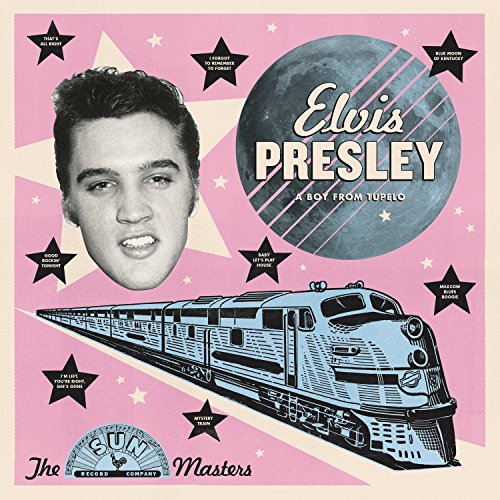 Young Elvis Presley portrait with a train and stars on pink background.