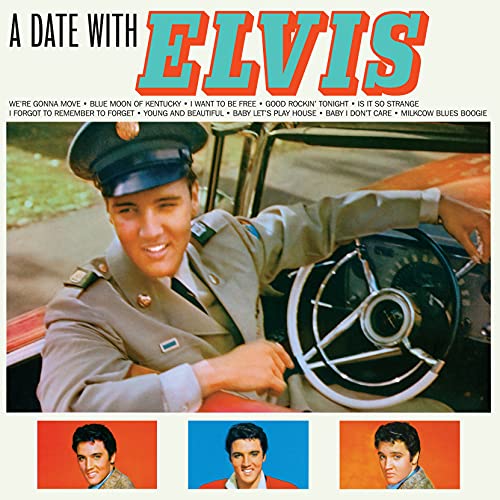 Album cover for "A Date With Elvis" featuring Elvis Presley in a car.