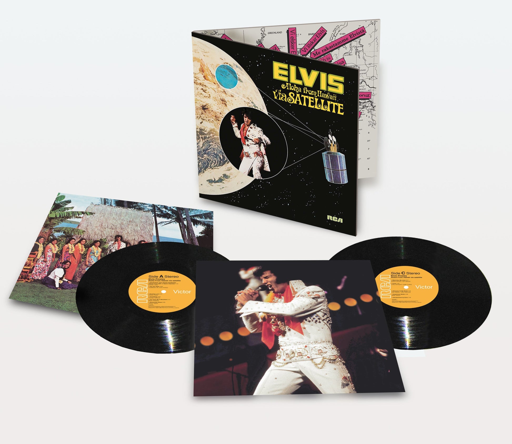 Elvis Presley’s “Aloha from Hawaii” 2LP vinyl record set, with album cover and records.