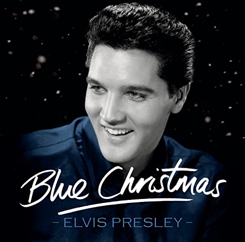 A portrait of Elvis Presley against a dark background with the text Blue Christmas.