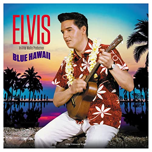 Elvis Presley album cover, "Blue Hawaii," featuring him with a guitar.