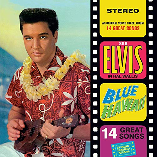 Elvis Presley wearing a lei and playing a ukulele on the Blue Hawaii album cover.