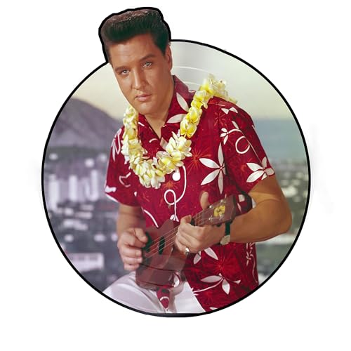 Elvis Presley in Hawaiian shirt playing ukulele, circular picture disc.