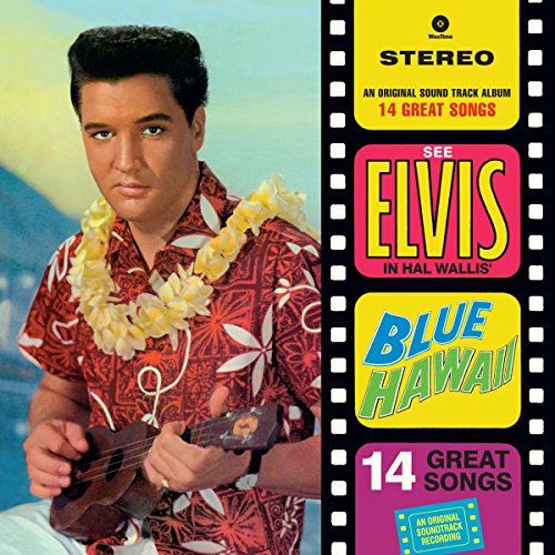 Elvis Presley wearing a lei and playing a ukulele on the Blue Hawaii album cover.