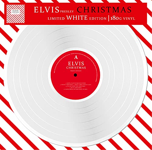 White vinyl record of Elvis Presley’s “Christmas” album with red label.