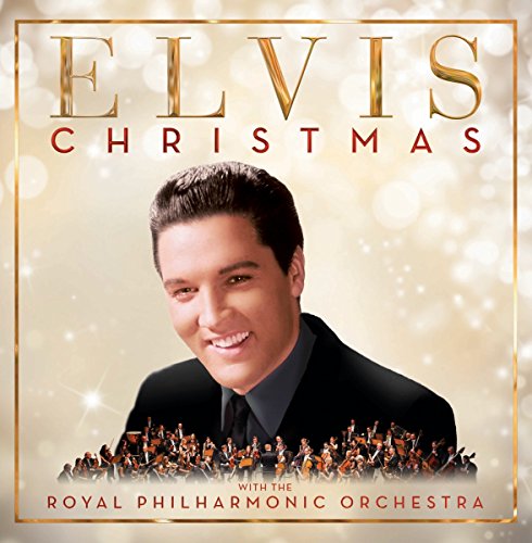 "Elvis Presley smiling, surrounded by an orchestra, on a vinyl album cover."