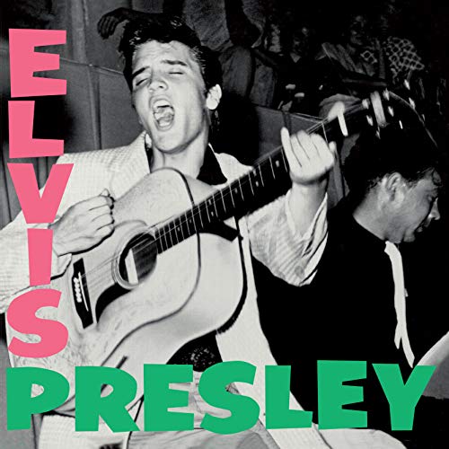 Elvis Presley singing and playing acoustic guitar with pink and green text overlay.