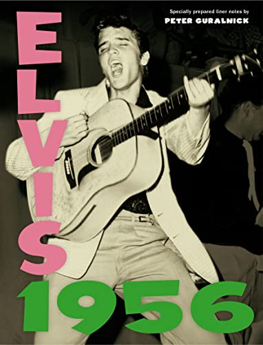 Elvis Presley playing guitar in 1956, album cover with large text.