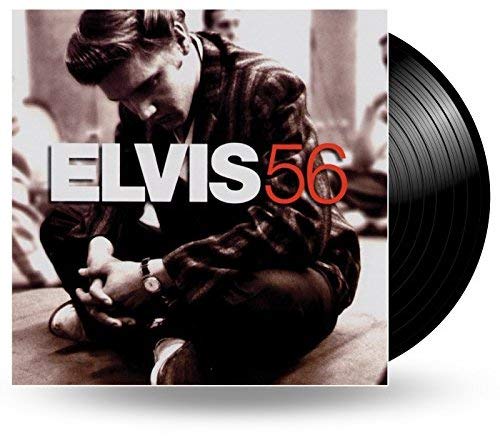 Elvis Presley '56 vinyl record cover with black record disc beside it.
