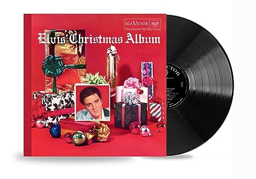 Elvis Presley's Christmas Album vinyl record with red cover and gifts.
